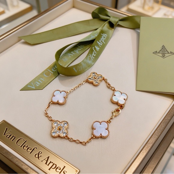 Meet the Posher Jewelry - VCA Mother-of-Pearl & Diamond 5-Flower Bracelet